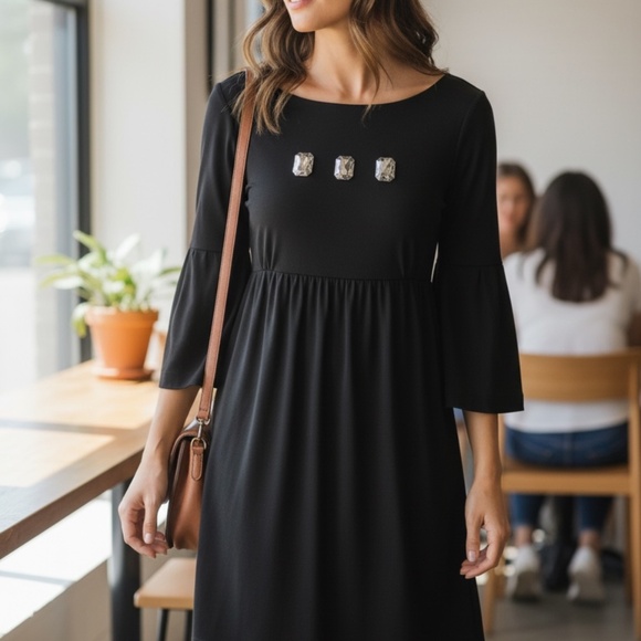 Black Cotton dress, Uncle Frank, long sleeve casual style - Picture 3 of 5